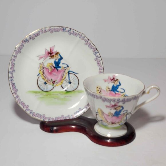 Girl On Bike Teacup and Saucer Hand Painted Vintage - Picture 10 of 10